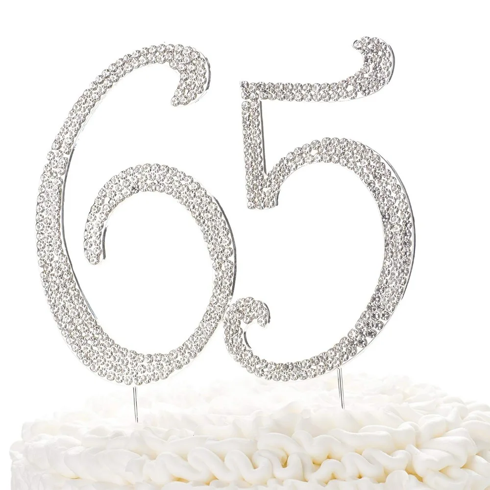  Celebration 65 Cake Topper for 65th Birthday Party, Rhinestone Number Decoration (Silver)  (2)
