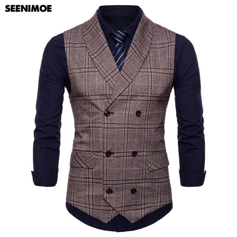 Seenimoe 2019 мужские жилеты полоса плед деловой Блейзер Жилеты двубортный мужской