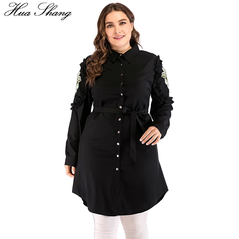 Черная Женская рубашка размера плюс 5XL элегантная Цветочная вышивка с длинным рукавом с поясом Длинная блузка Рубашки арабские женские летние длинные топы