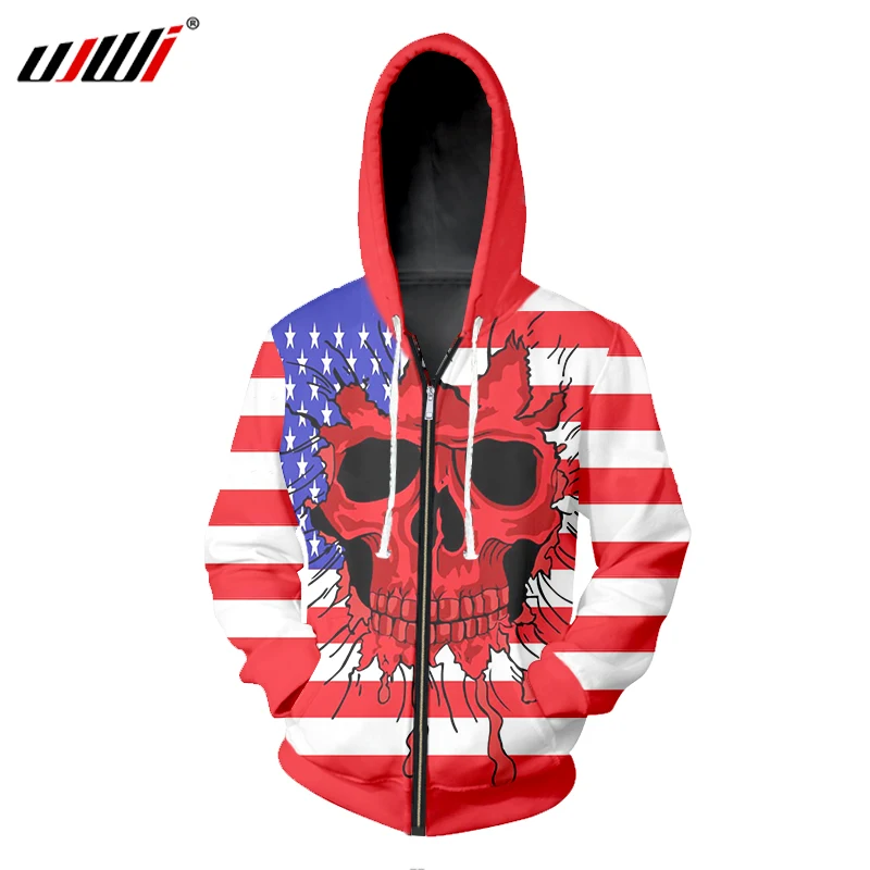 

UJWI 3D Zipper Hoodies 2019 New Harajuku 3d Funny Print USA Flag Skull Hoodie Sweatshirt Casual O Neck Hooded Jacket Jumpers