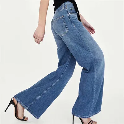 

2019 Summer Women Retro Style High Waist Wide Leg Jeans Pocket Flared Trousers Wide Leg Pants Loose Cowboy Solid Denim Pants