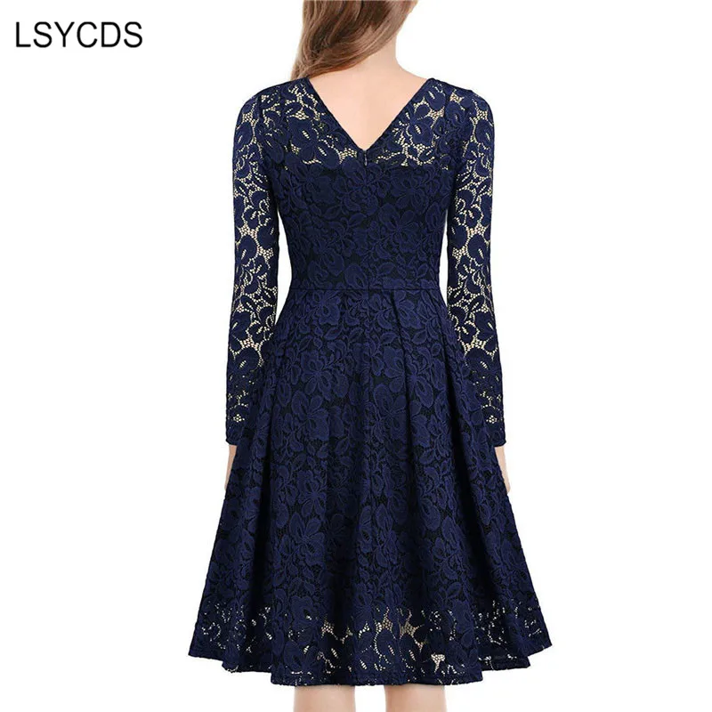 LSYCDS, элегантное сексуальное платье для женщин, винтажное кружевное платье с длинным рукавом и v-образным вырезом, черное, синее, женское платье, повседневные платья, женские вечерние платья