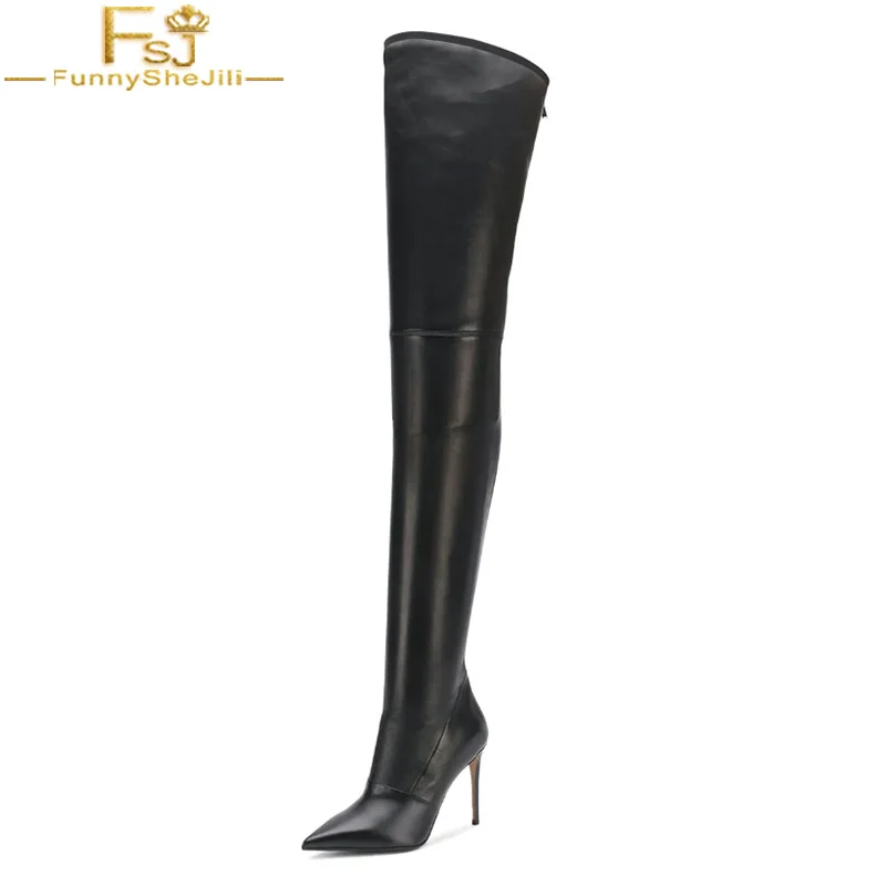 

FSJ Fashion 2018 Luxury Black Leather Ladies High Thin Heels Over Knee Thigh Brand Plush Boots Casual Shoes Woman Zapato De Taco
