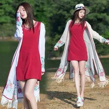 

Cheshanf Women Cardigan 2020 Female Autumn Bohemian Ethnic Long Sleeve V Neck White Rose Red Blue Embroidery Knitwear Outwear