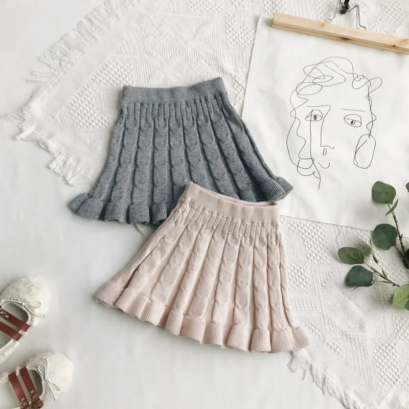 

Spring Autumn girls woolen yarn solid color flouncing skirts children fashion all-match cute skirt