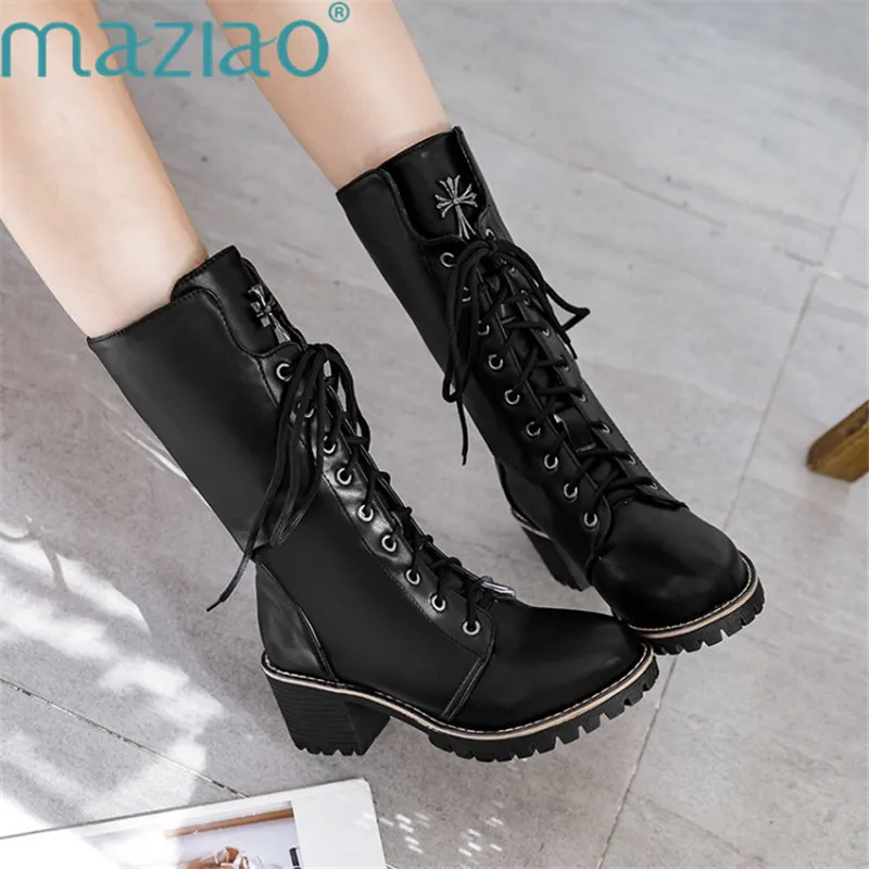 

Fashion New Punk Gothic Style Lace Up Round Toe Boots Women Shoes Short Boots Mid Calf Metal Decoration Boots MAZIAO