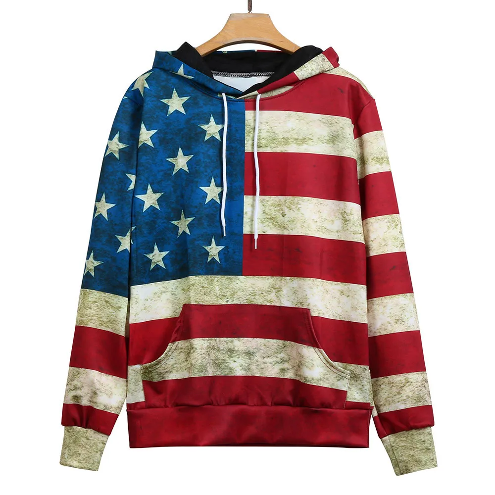 Unisex Fashion American Flag Print Hoodies Sweatshirt Warm Women