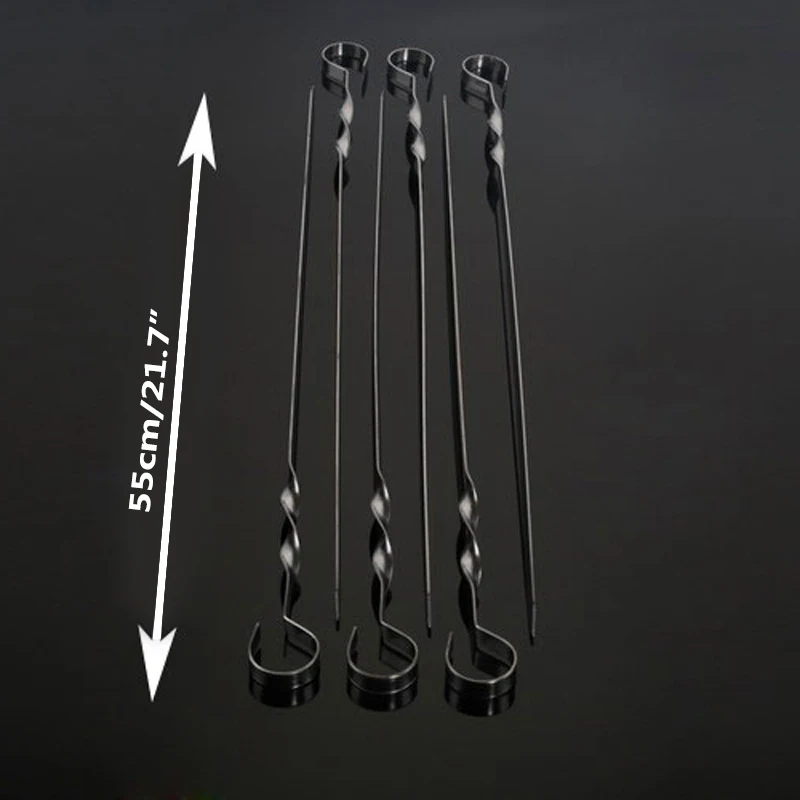 6pcs/lot BBQ Skewer w/ Ring Hole Handle Flat Grilling BBQ Skewers Silver Metal Skewer Set for Chicken Kabob Needle 55cm (21.7'')