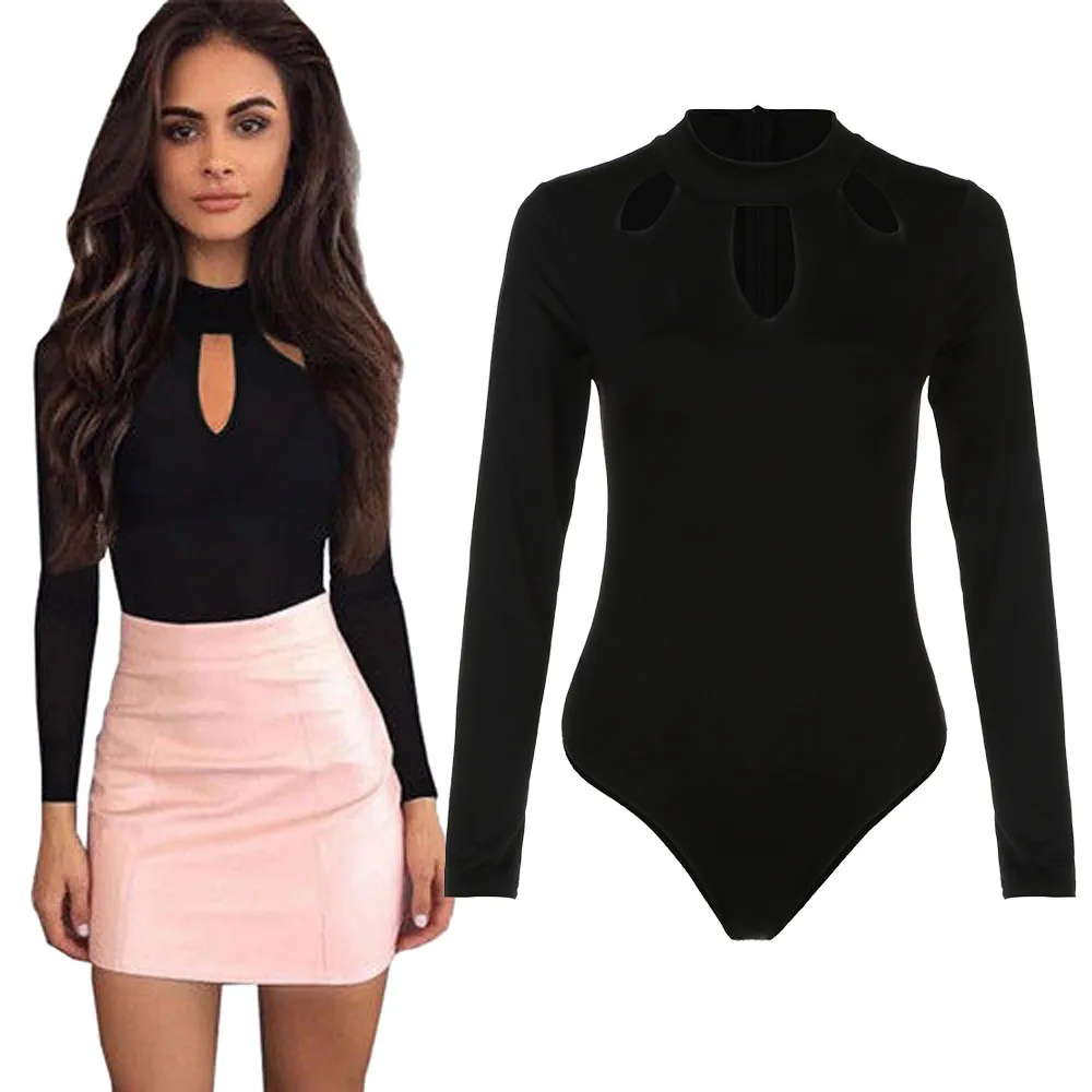 

Sexy jumpsuits for women 2018 black O Neck Long Sleeve Bodysuit Hollow Out one piece Playsuit combinaison femme female body