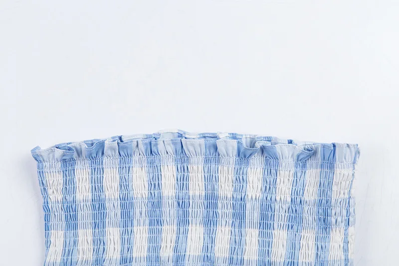 Летний женский комплект 2 шт. костюм с рюшами без бретелек Топ+ мини-юбка Женский комплект из двух предметов в синюю клетку
