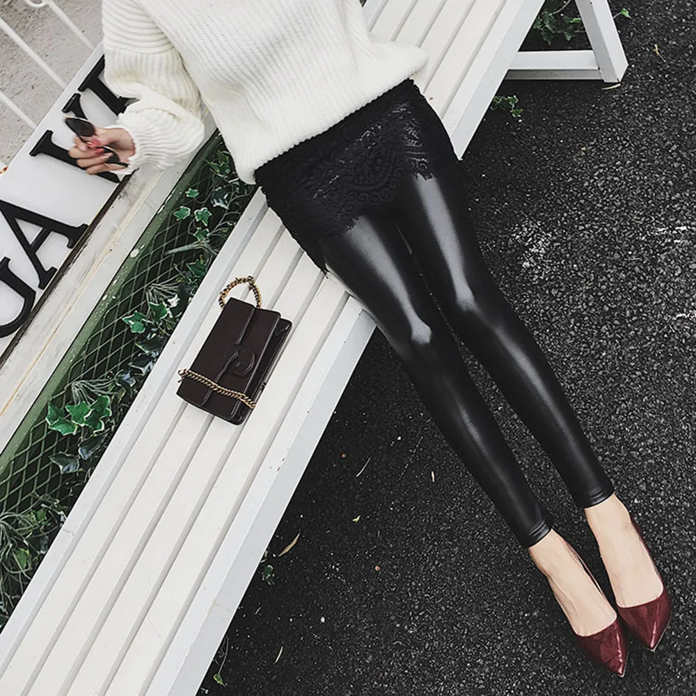 

PU Leather Leggings Women High Waist Black Leggins Punk Push Up Leggings Standard Lace Velvet Solid Legging
