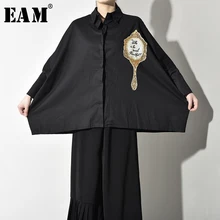 [EAM] Женская черная блузка большого размера с принтом и блестками, новая свободная рубашка с отворотом и длинным рукавом, модная весенняя Осенняя T3840