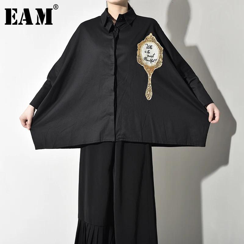

[EAM] Women Black Oversize Print Sequins Blouse New Lapel Long Sleeve Loose Fit Shirt Fashion Tide Spring Autumn 2019 T3840