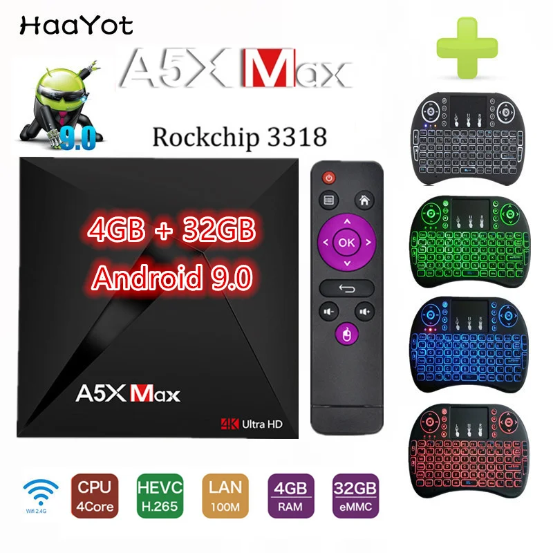 

HAAYOT A5X Max Smart Android 9.0 TV Box RK3318 Quad Core 4GB RAM 32G ROM USB 3.0 WiFi LAN VP9 H.265 UHD 4K Media Player Tvbox