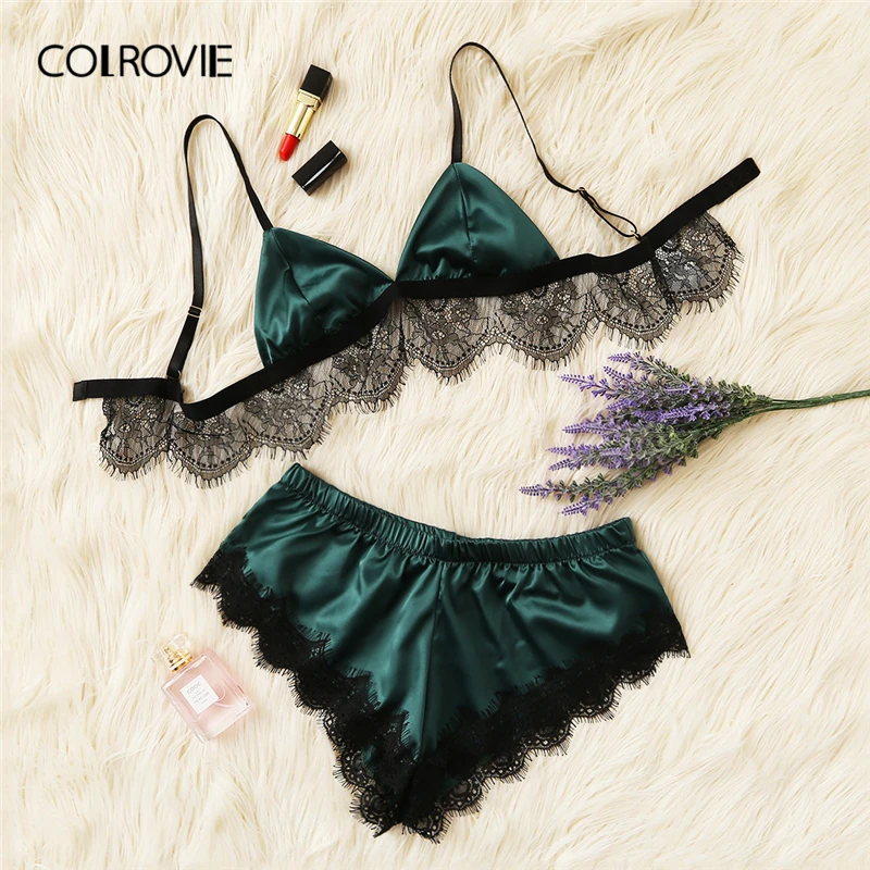 COLROVIE Green Scalloped Trim Contrast Lace Sexy Lingerie Set 2018 Women Wireless Underwear Set Female Satin Elegant Bra Set COLROVIE Green Scalloped Trim Contrast Lace Sexy Lingerie Set 2018 Women Wireless Underwear Set Female Satin Elegant Bra Set