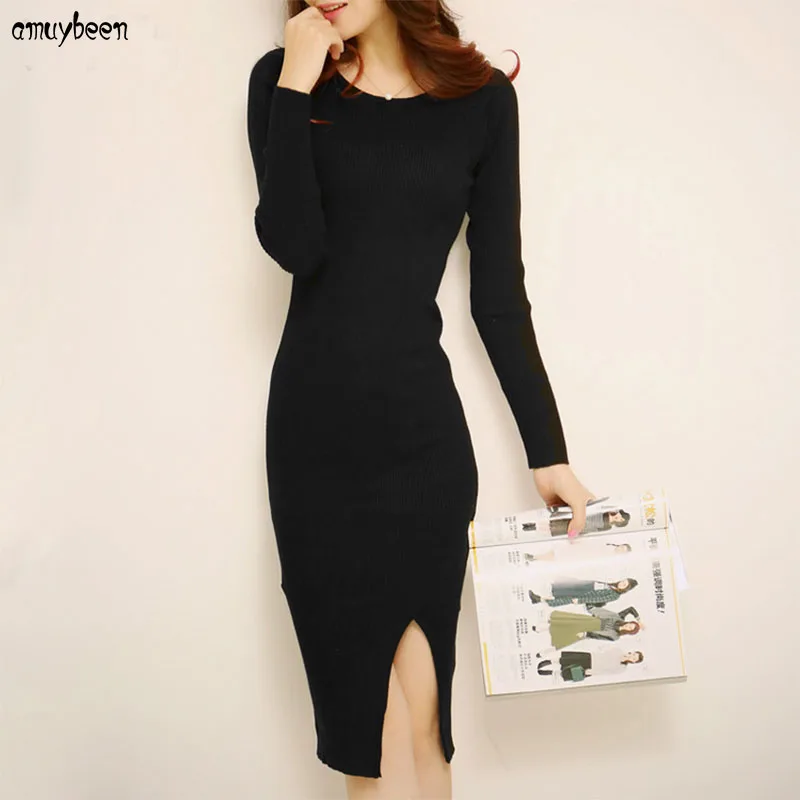 Dresses Long Sweater Dress Women Winter 2017 Pullovers Knitted O neck Bandage Wrap Slim with a