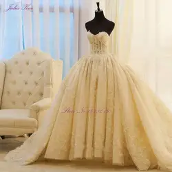 Julia Kui реальные фотографии винтажное кружевное бальное платье с вышивкой свадебное платье милая шнуровка с открытыми плечами аппликации
