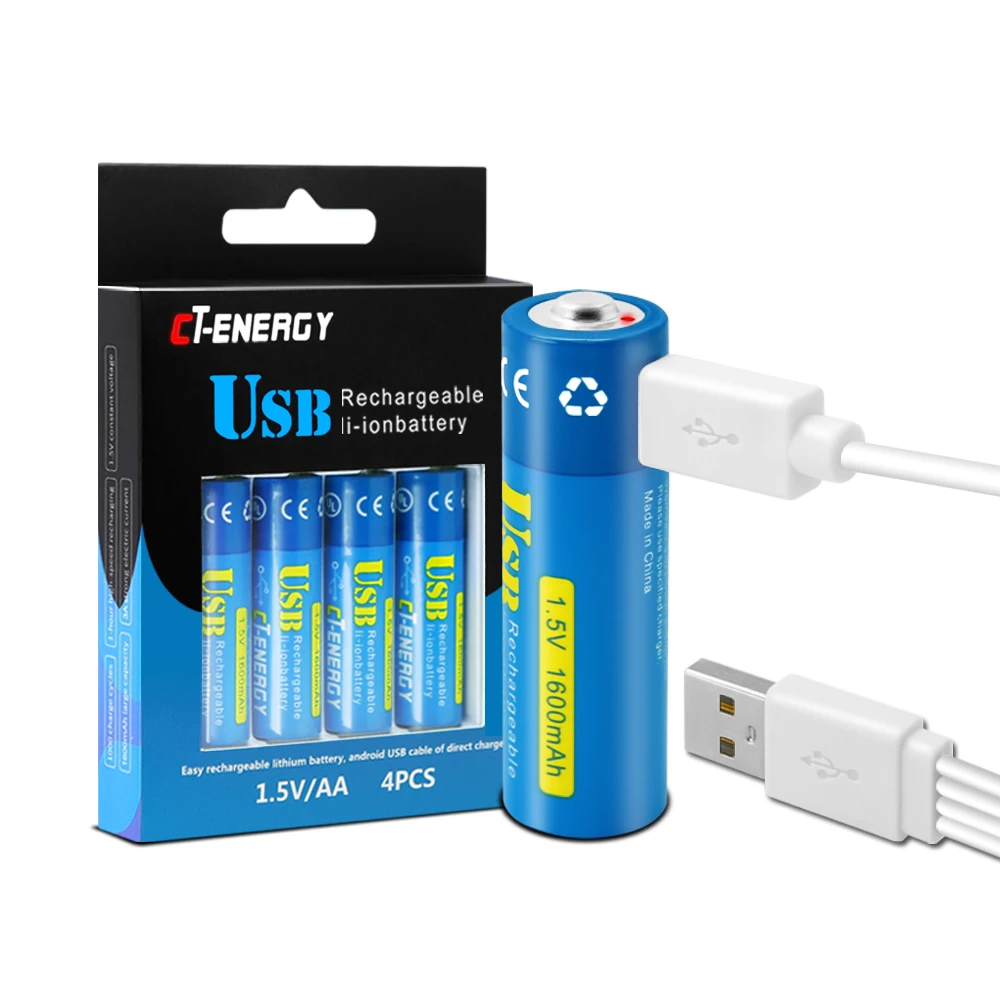 

CT ENERGY USB Rechargeable lithium ion aa Batteries 1.5V/ 1600mAh, Quick charging with 4 in 1 Micro-USB
