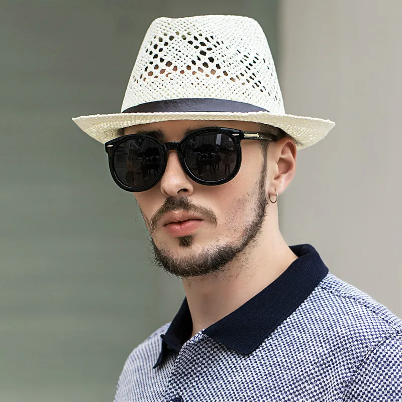 

Summer Men Straw Sunhat Male Sun Protection Sunshade Hat Outdoor Breathable Beach Cool Cap Korean Casual Jazz Fashion Hat H7264