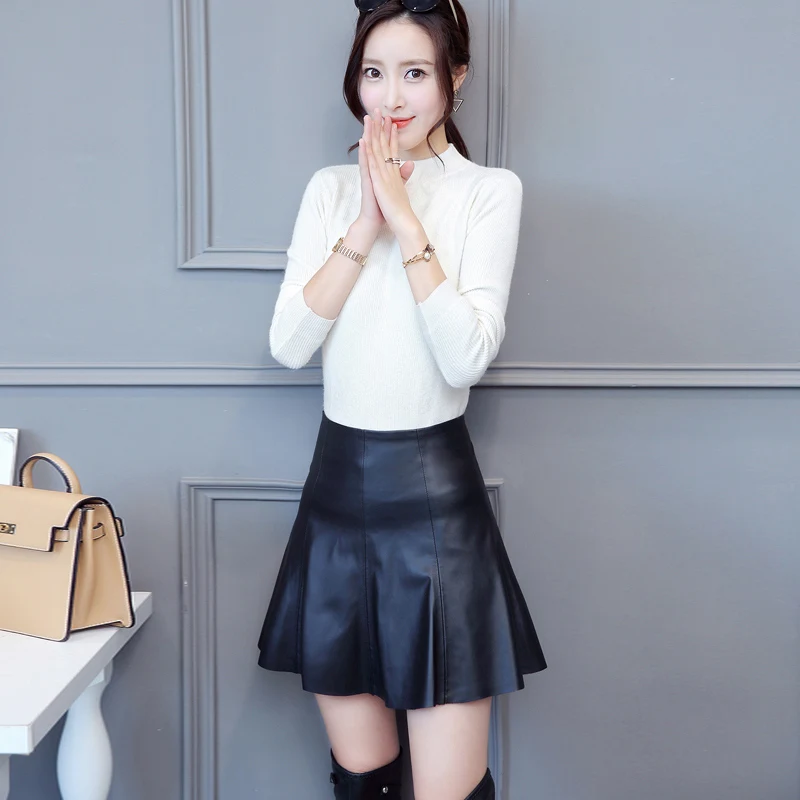 

Spring and autumn new short ladies leather skirt Slim thin wild sexy skirt fashion big swing pleated skirt JQ509