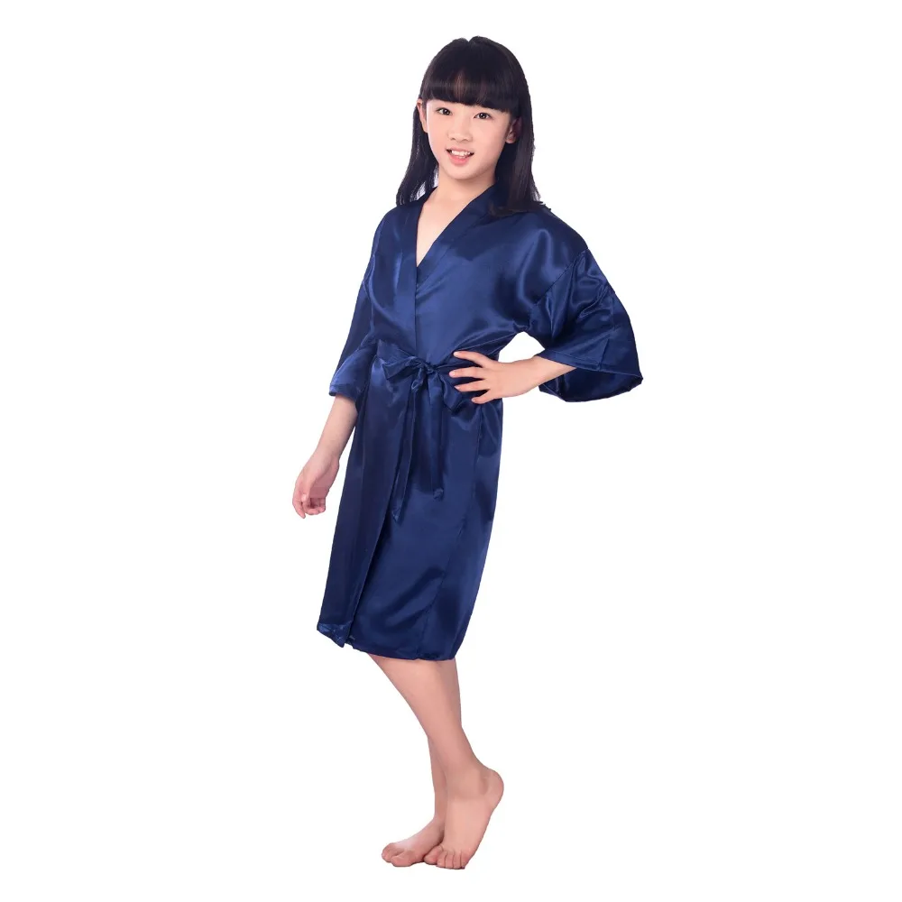 Темно-синие пижамы Для детей, на лето шелк японский Kimono Solid халат детский банный халат Полотенца ночная рубашка для девочек детские пижамы