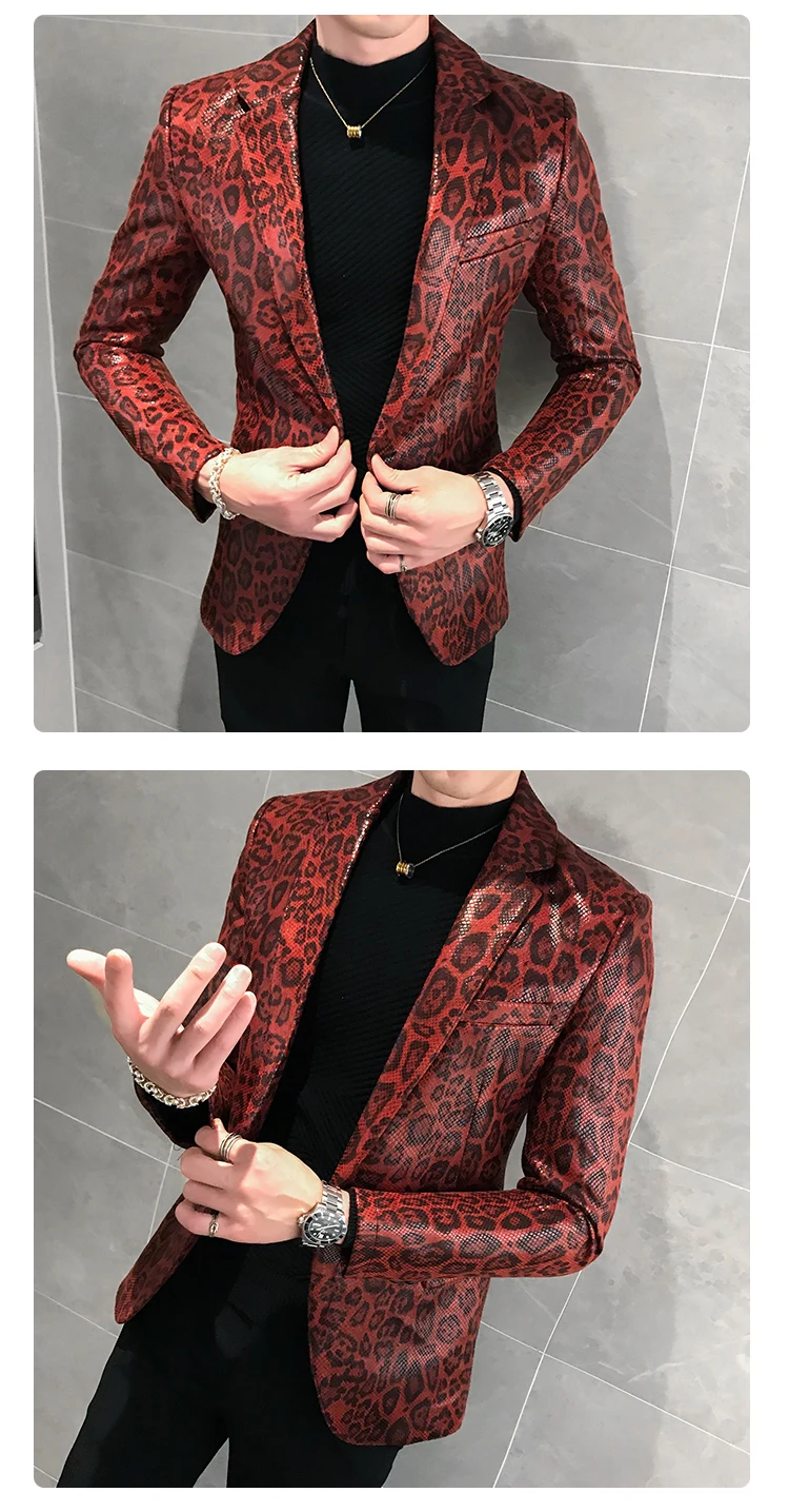 Autumn Leopard Print Mens Blazer Skin Suit Jacket Leather Stage Costumes For Singers Loose Coat Blaser Homens Terno Masculino