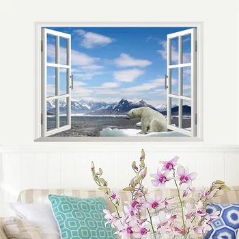 

Polar Bear 3D Fake Window Wall Sticker For Kids Room Sofa Background Landscape Home Decor Art Poster Snow Mountain Mural Decals