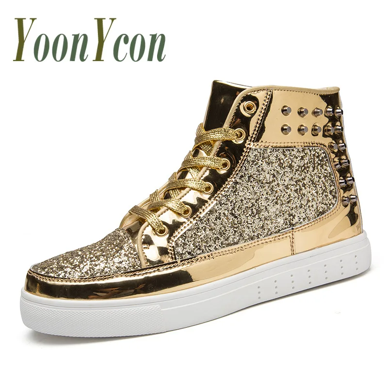 2019 Gold Unisex Rivets Shoes Fashion Party Prom Men Boots PU Leather Casual Shoes Luxury Brand Rivets Casual Flats Boots