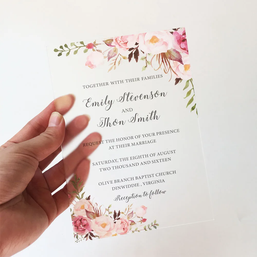  Customized 50pcs per Lot Rustic Water Color Style 5x7inch Frosted Acrylic Wedding Invitation Cards  - 32859704856