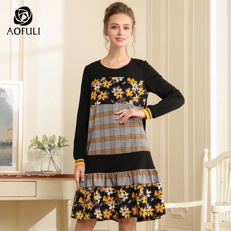 

AOFULI plaid floral print women dress new fall short casual dress long sleeve ruffle knee-length dress L- 3XL 4XL 5XL A3717