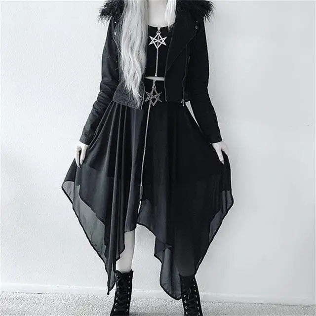 Summer Mesh Irregular Women Skirts Pentagram Zipper Black Punk Skirts Gothic Darkness Lady Skirt Casual Loose Streetwear Skirts 6