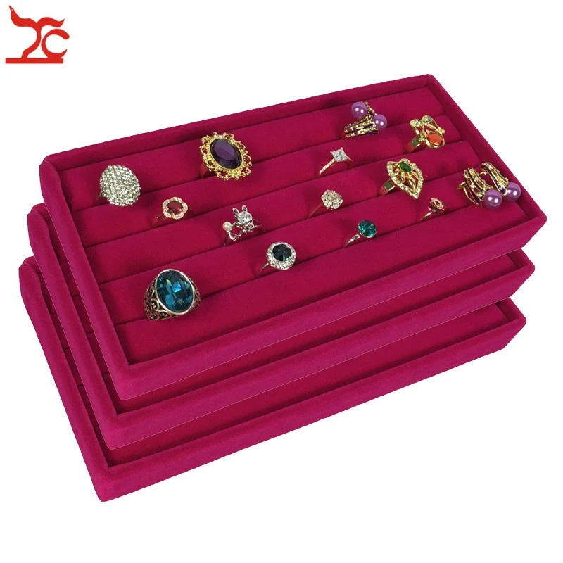 3Pcs Velvet Jewelry Display Case Rose Red Ring Storage Box Earring Organizer Slot Ring Display Organizer Holder Tray 11*22*3cm