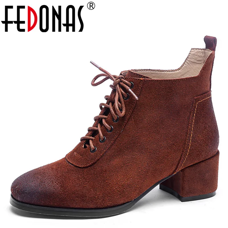 

FEDONAS1Fashion Women Ankle Boots Autumn Winter Warm Cow Suede High Heels Shoes Woman Cross-tied Retro Casual Office Basic Boots