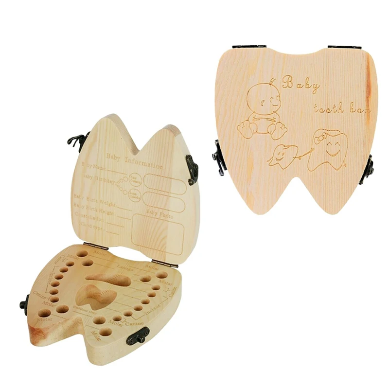 

English Language Child Wood Teeth Storage Box Save Milk Teeth Collecting Teeth Umbilical Cord Lanugo Organizer Wood Box