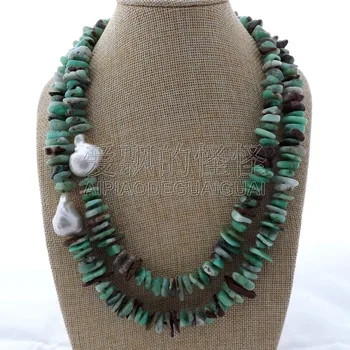 

N012914 20" 2 Strands Natural Chrysoprase White Keshi Pearl Necklace