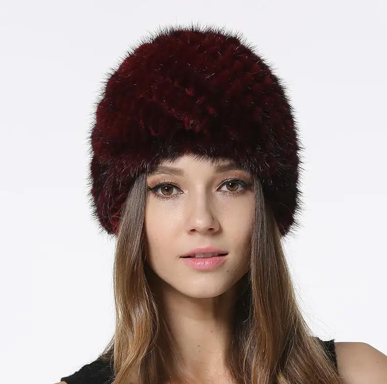 Милые женские шапки из натурального меха норки, женские шапки из натурального меха норки, зимняя повседневная шапка головной убор с вязаной подкладкой LX00639 - Цвет: Wine Red