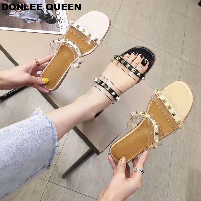 

DONLEE QUEEN Brand Rivet Slippers Women Fashion Transparent PVC Sandal Rubber Sole Flip Flops Outside Slipper Flat Casual Shoes