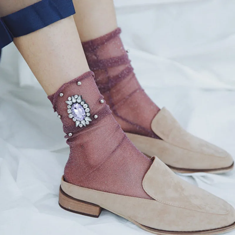 Европейский стиль, блестящие носки с блестками и драгоценными камнями, женские кружевные прозрачные носки ручной работы, шелковая кучка, Meias Calcetines Sox
