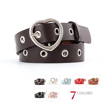 

New Arrival Black Leather Silver Metal Heart Buckle Pin Belt Hollow Out Alloy Air Holes Waistband Belt for women