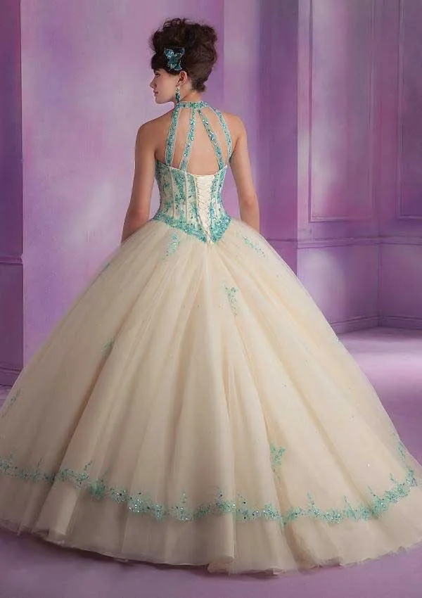 Debut Ball Gowns Quinceanera Dress for 15 Years Tulle Appliques Halter New Fashion Design 2015 Girls Special Party Clothing3
