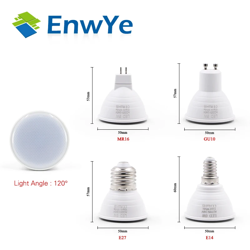 EnwYe E27 E14 MR16 GU5.3 GU10 Lampada LED Bombilla 6 W 220 V Bombillas LED de la lámpara del proyector de lámpara de la luz del punto EnwYe E27 E14 MR16 GU5.3 GU10 Lampada LED Bombilla 6 W 220 V Bombillas LED de la lámpara del proyector de lámpara de la luz del punto