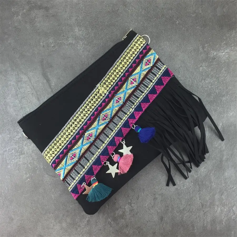 Bolso de hombro étnico Vintage bohemio único, bolso de mensajero de mano con borla Hippie negro, nuevo