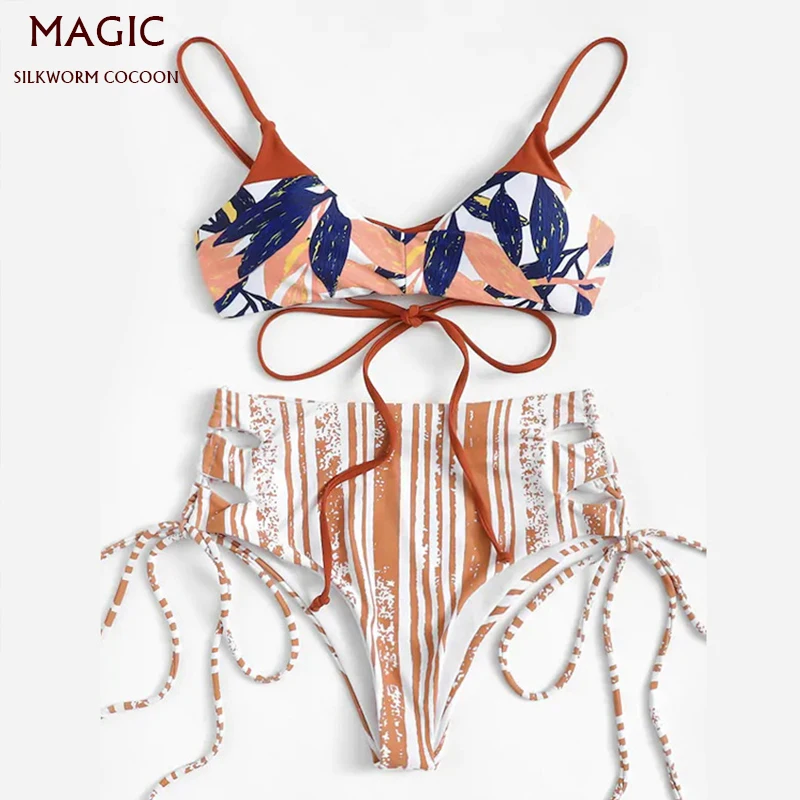 

Sexy Print Swimsuit New High Waist Multi-rope Bikini Set Push Up Biquini High Cut Swimwear Women Female Bathing Suit S-XL