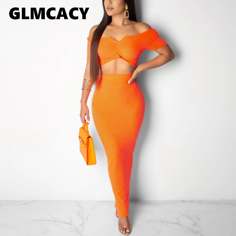 

Women 2 Pieces Sexy Summer Outfits Slash Neck Crop Top and Ankle Length Maxi Skirt Casual Bodycon Party Streetwear