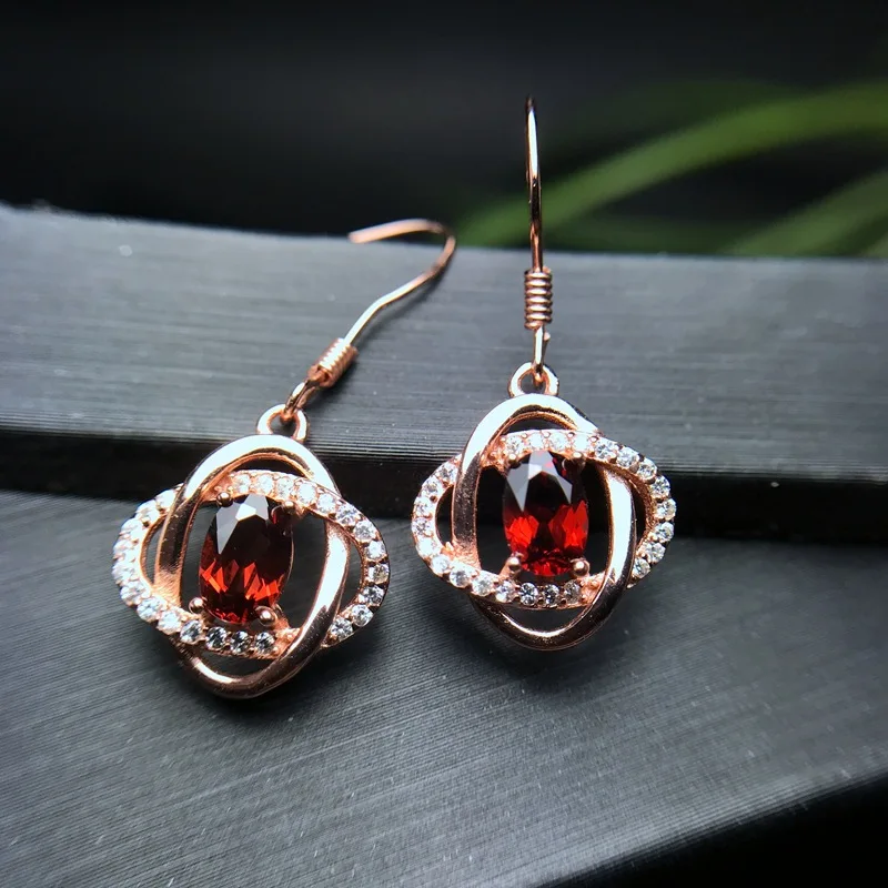 

[MeiBaPJ]Natural Pink Garnet Flower Drop Earrings Real 925 Silver Drop Earrings Fine Charm Jewelry for Women