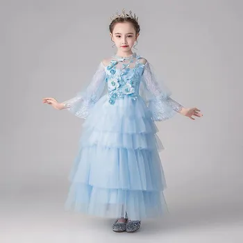 

2019Autumn Spring Children Girls Luxury New Appliques Flowers Birthday Wedding Party Princess Fluffy Long Dress Model Show Dress