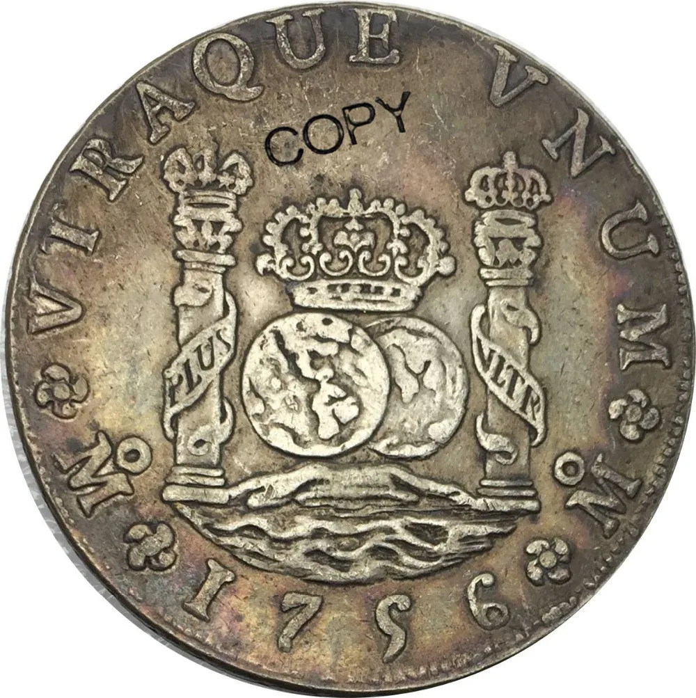

Mexico 8 Reales Fernando VI 1756 MM Brass Plated Silver Copy Coin Commemorative COINS