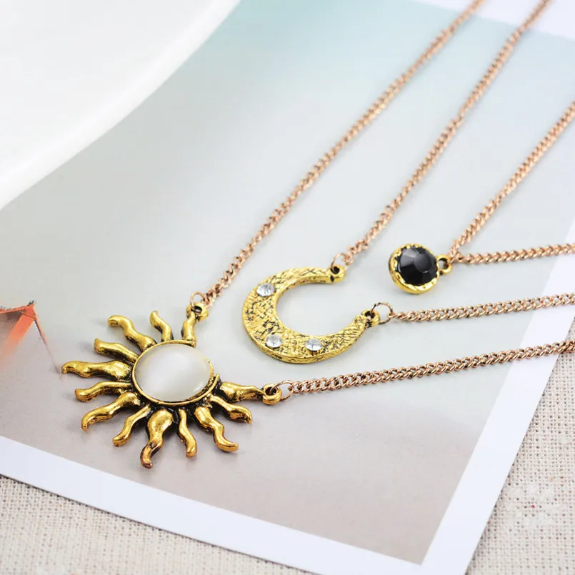 Ретро многослойная цепочка длинное ожерелье Винтаж солнце лунные ожерелья подвески для женщин Colar YWYG4109