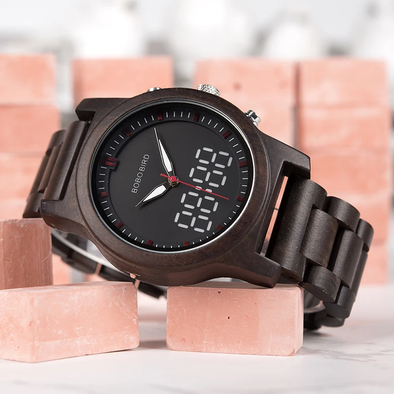 BOBO BIRD Digital Watch Black Wooden Men Quartz Dual Display Wristwatch reloj digital hombre