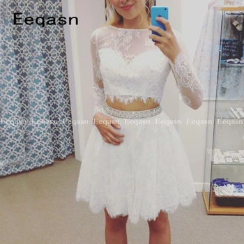 

Two Pieces Lace Short Cocktail Dresses Illusion Neckline Full Sleeve Formal Women's Beaded Party Gowns Vestido de Festa